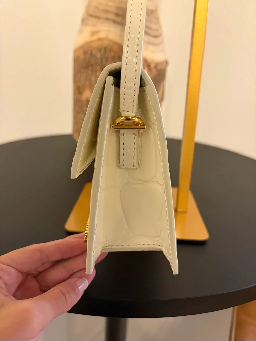 Jacquemus White Croc-Embossed Bambino Long Shoulder Bag with Gold Logo